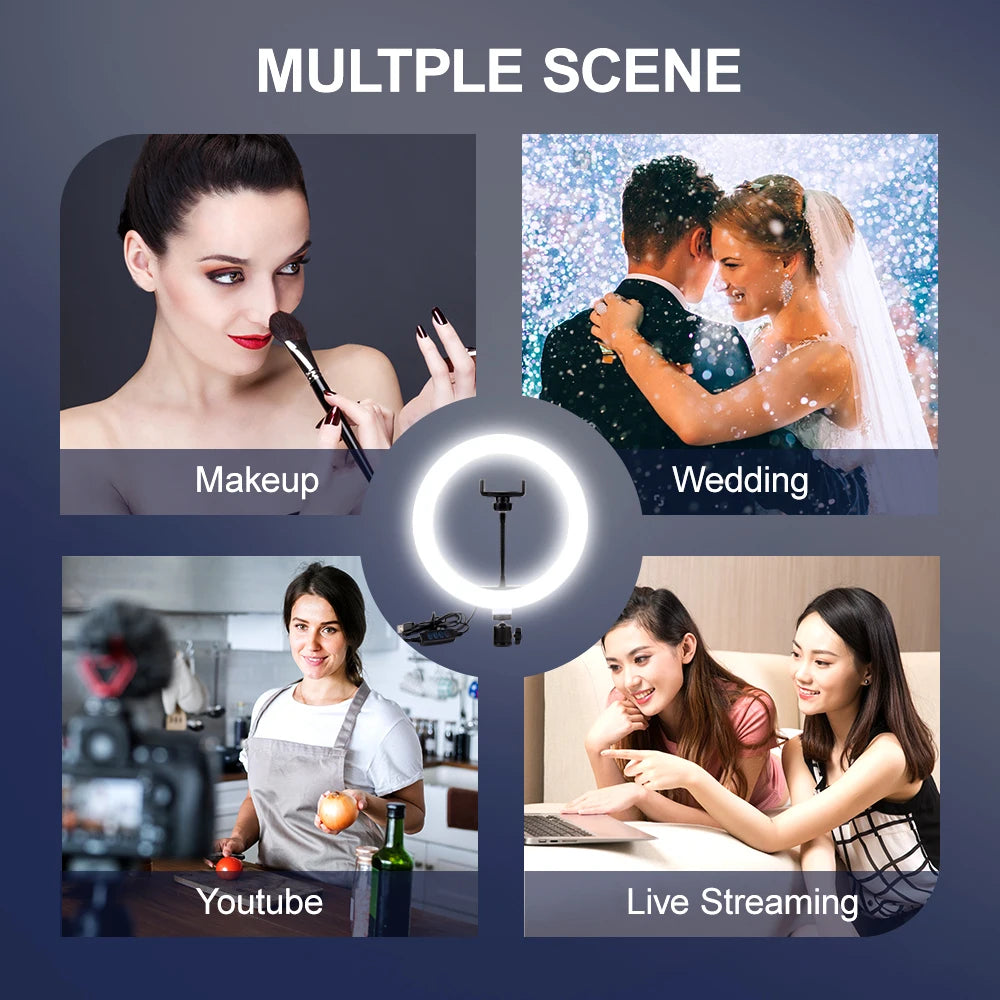 Video Light Dimmable LED Selfie Ring Light USB Ring Lamp Photography Light with Phone Holder 2M Tripod Stand for Makeup Youtube