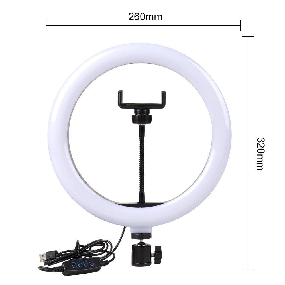 Video Light Dimmable LED Selfie Ring Light USB Ring Lamp Photography Light with Phone Holder 2M Tripod Stand for Makeup Youtube