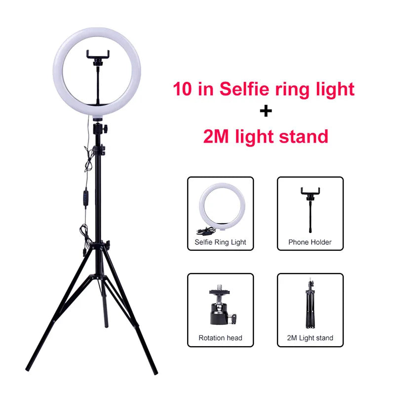 Video Light Dimmable LED Selfie Ring Light USB Ring Lamp Photography Light with Phone Holder 2M Tripod Stand for Makeup Youtube