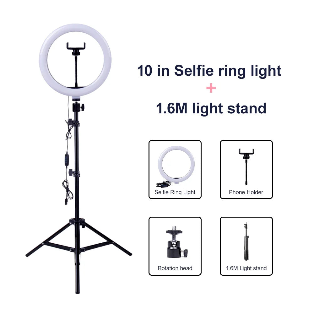 Video Light Dimmable LED Selfie Ring Light USB Ring Lamp Photography Light with Phone Holder 2M Tripod Stand for Makeup Youtube