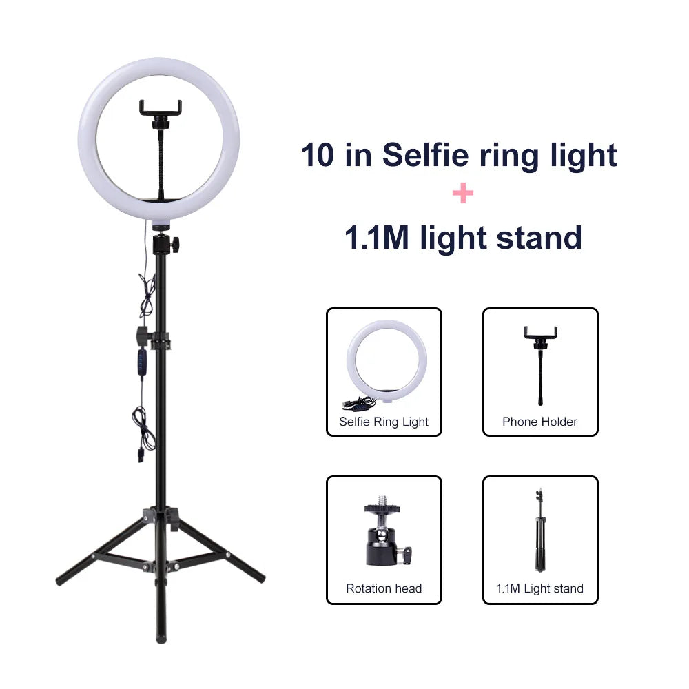 Video Light Dimmable LED Selfie Ring Light USB Ring Lamp Photography Light with Phone Holder 2M Tripod Stand for Makeup Youtube