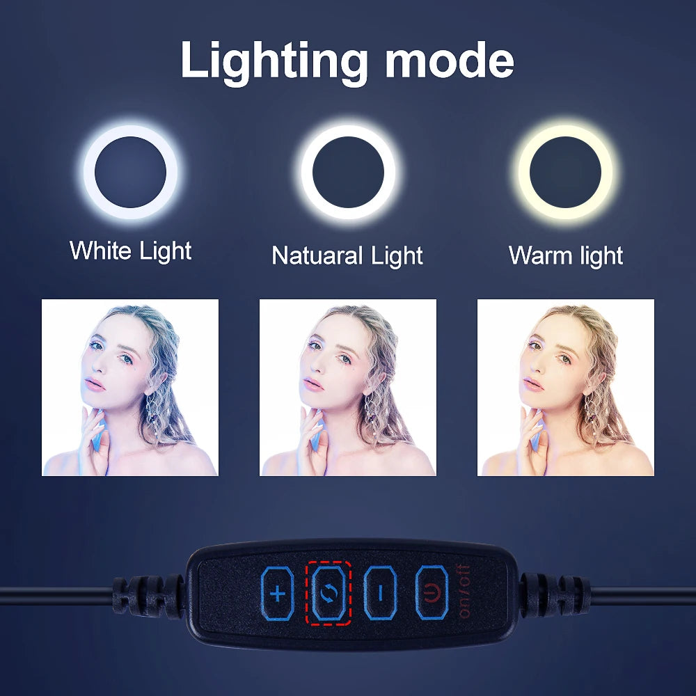 Video Light Dimmable LED Selfie Ring Light USB Ring Lamp Photography Light with Phone Holder 2M Tripod Stand for Makeup Youtube