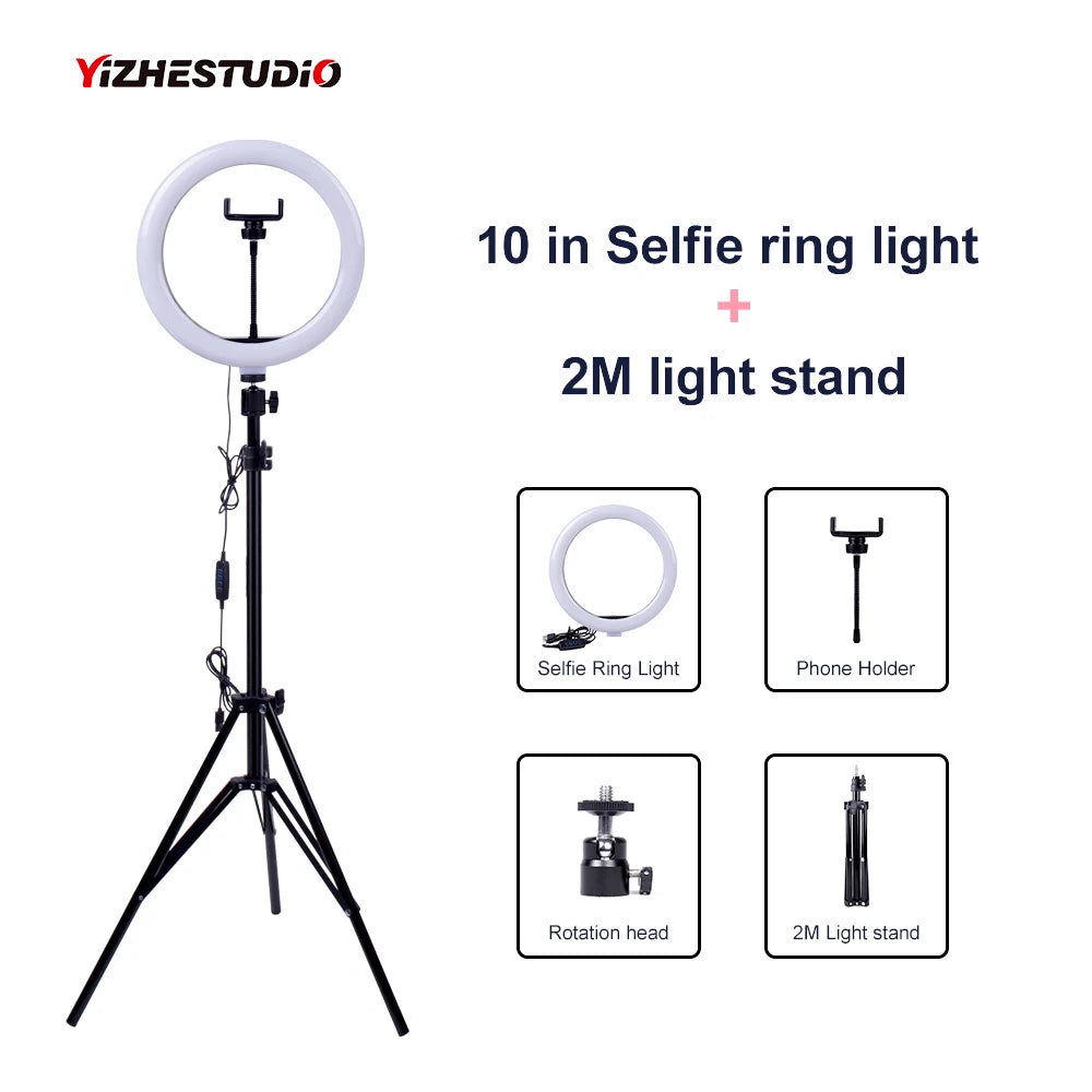 Video Light Dimmable LED Selfie Ring Light USB Ring Lamp Photography Light with Phone Holder 2M Tripod Stand for Makeup Youtube