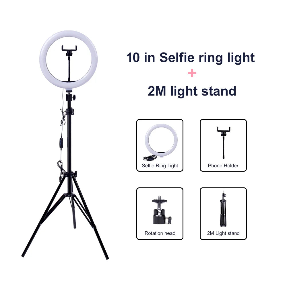 Video Light Dimmable LED Selfie Ring Light USB Ring Lamp Photography Light with Phone Holder 2M Tripod Stand for Makeup Youtube