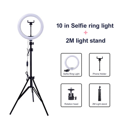 Video Light Dimmable LED Selfie Ring Light USB Ring Lamp Photography Light with Phone Holder 2M Tripod Stand for Makeup Youtube