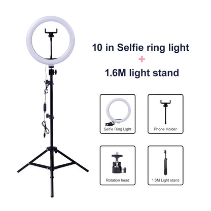 Video Light Dimmable LED Selfie Ring Light USB Ring Lamp Photography Light with Phone Holder 2M Tripod Stand for Makeup Youtube