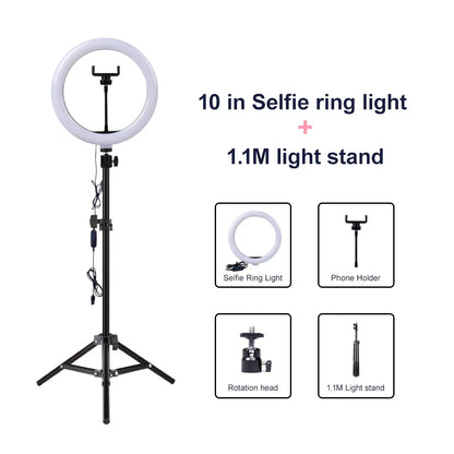 Video Light Dimmable LED Selfie Ring Light USB Ring Lamp Photography Light with Phone Holder 2M Tripod Stand for Makeup Youtube