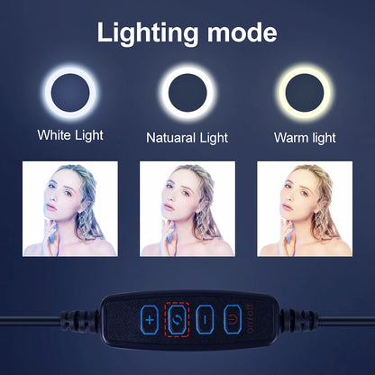 Video Light Dimmable LED Selfie Ring Light USB Ring Lamp Photography Light with Phone Holder 2M Tripod Stand for Makeup Youtube